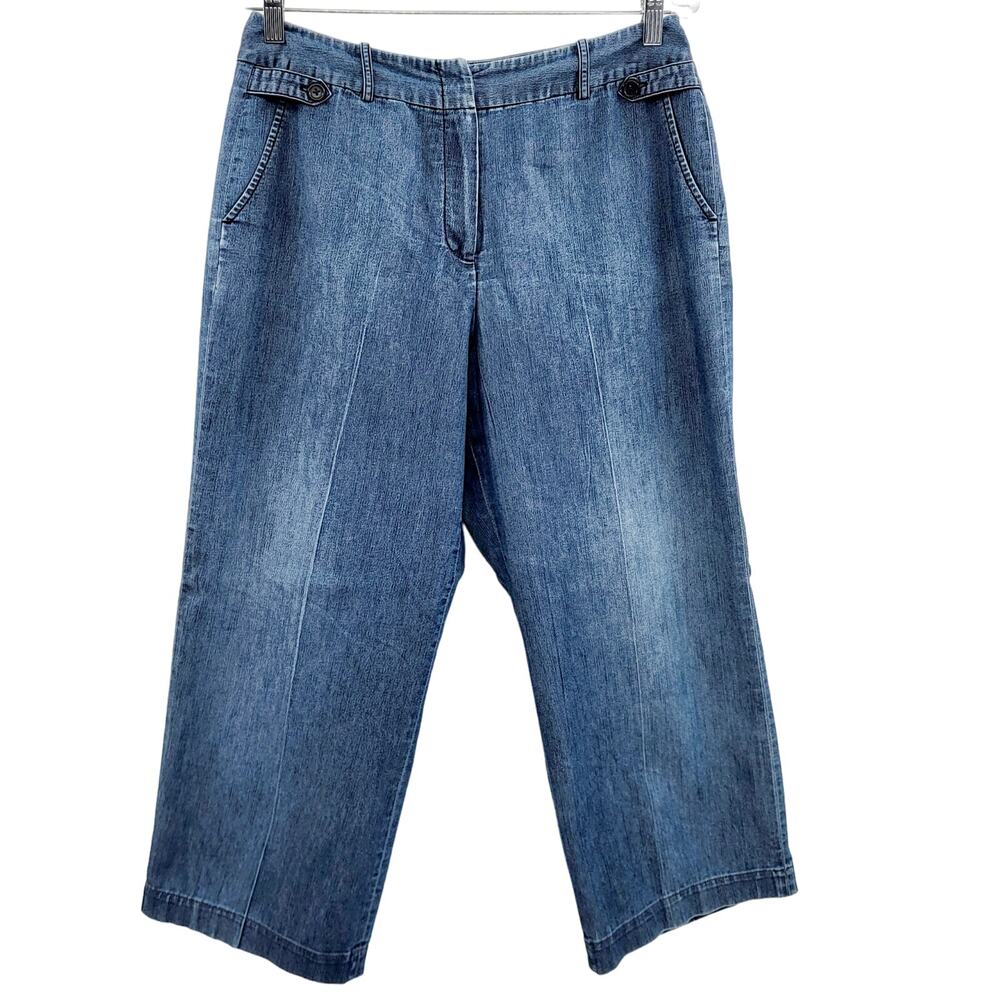 Larry Levine Petite Stretch Blue Med Washed Jean Wide Leg Gaucho Pants Size 10